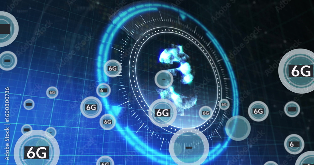 Poster projecting holographic circular hud hovering in virtual grid network space, with floating 6g icons