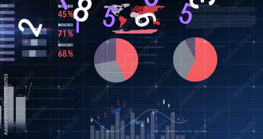 Poster dashboard displaying stats, pie charts, world map and floating numerals on screen