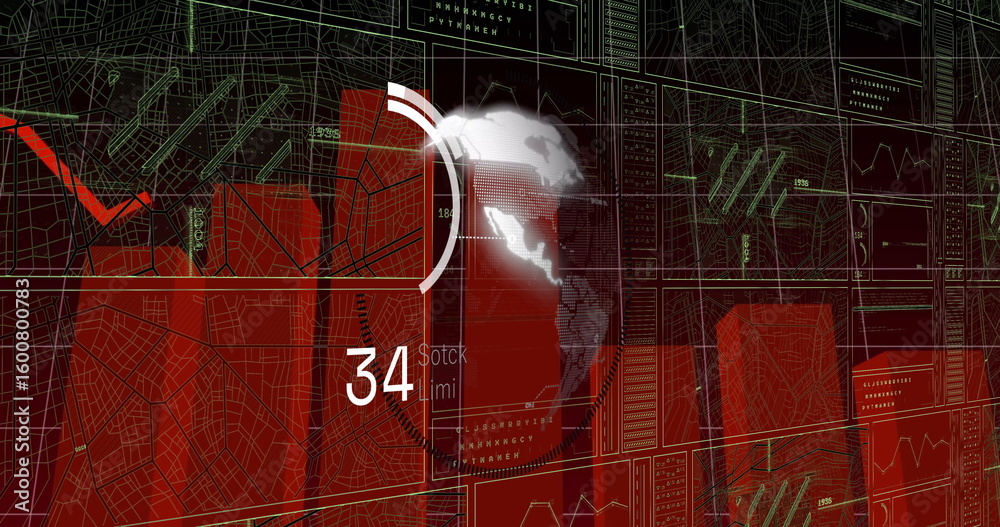 Poster displaying 3d globe updating data on virtual dashboard, with wireframe maps and numeric readouts