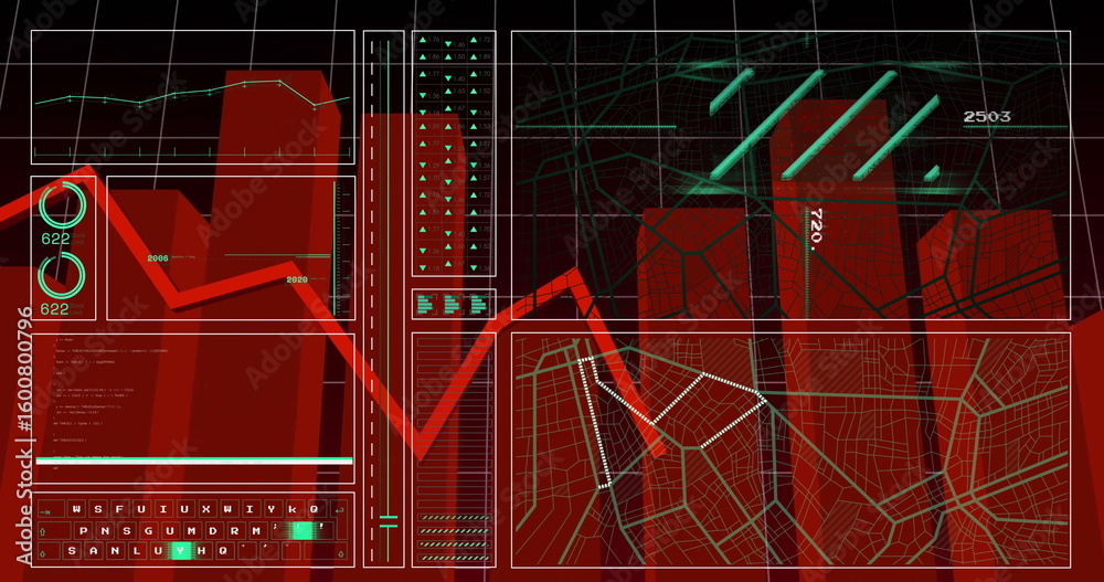 Poster displaying data dashboard at command center console, with line and bar charts and map overlay
