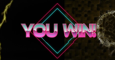 YOU WIN! neon text glowing in grid circuitry, with diamond frames, yellow bolt and brain pattern
