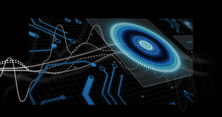 Floating holographic dial hovering over grid, connecting circuit nodes and waveforms, copy space