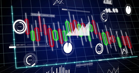Displaying financial dashboard on screen, showing red and green candlestick bars with line chart