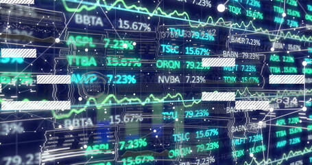 Displaying market data flowing on digital platform, with ticker symbols and neon line charts