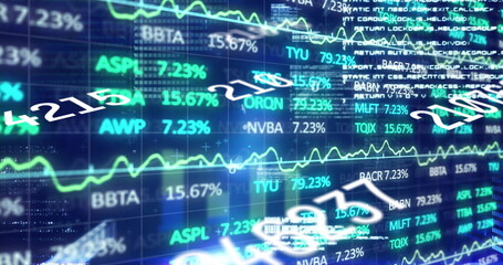 Displaying digital financial data on virtual grid screen, with moving line charts and stock tickers