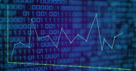Displaying light green line graph tracing data trends on computer display grid and binary backdrop