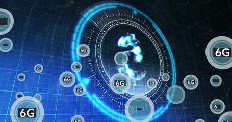 Projecting holographic circular HUD hovering in virtual grid network space, with floating 6G icons