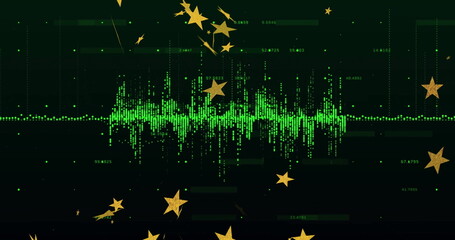 Displaying central green waveform pulsing in abstract digital scene, with golden star shapes