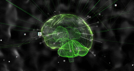 Floating green wireframe brain glowing in digital data field, with square nodes and connector lines
