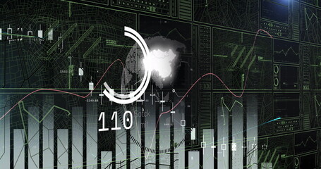 Displaying finance dashboard on digital backdrop, with bar charts, candlestick graphs and world map