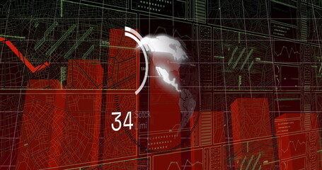 Displaying 3D globe updating data on virtual dashboard, with wireframe maps and numeric readouts