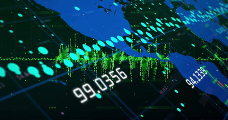 Displaying world map on dashboard, with cyan markers, green bar graphs, white numeric labels