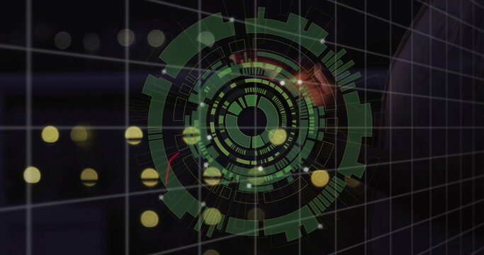 Projecting circular holographic interface over 3D grid in control room, with floating yellow flares