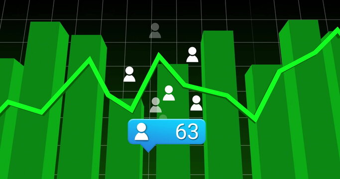Displaying 3D green bars and line graph on grid dashboard, featuring blue tooltip and user icons