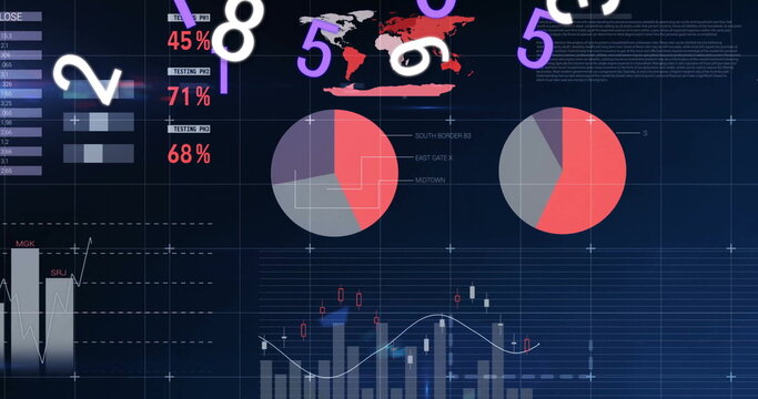 Dashboard displaying stats, pie charts, world map and floating numerals on screen