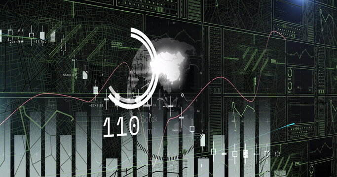 Displaying finance dashboard on digital backdrop, with bar charts, candlestick graphs and world map