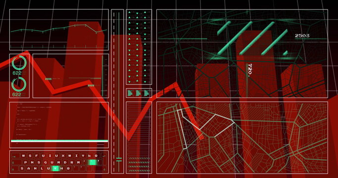 Displaying data dashboard at command center console, with line and bar charts and map overlay - Powered by Adobe