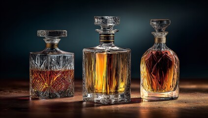Assorted Whiskey Bottles on Wooden Table &ndash; Close-Up of Square, Crystal, and Round Glass Designs Against a Dark Background