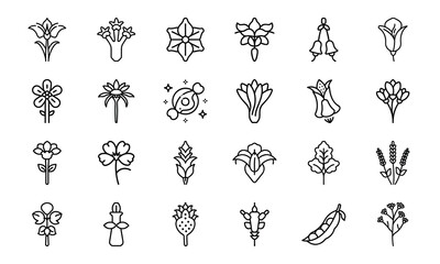 Collection of 24 Minimalist Flower and Botanical Icons in Black Line Art Style on White Background – Simple, Elegant Silhouette Floral Vector Set for Nature, Garden, Spa, Organic, and Eco Design Proje