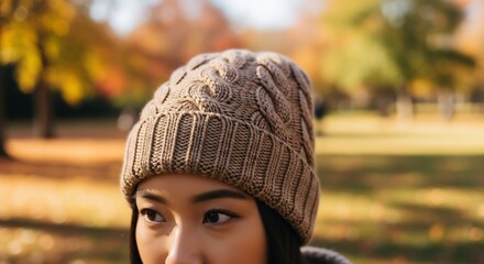 Woman Wearing a Beanie Hat in Autumn park with Warm Colors in Background
