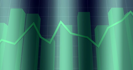 Showing translucent cylindrical bars over dark teal grid lines, with glowing green line chart