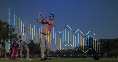 Swinging golfer in orange polo executing swing on fairway, with golf bag and analytics overlay