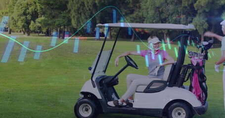 Smiling golfer in golf attire leaning on white golf cart at fairway, with golf bag, clubs