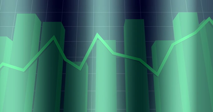 Showing translucent cylindrical bars over dark teal grid lines, with glowing green line chart