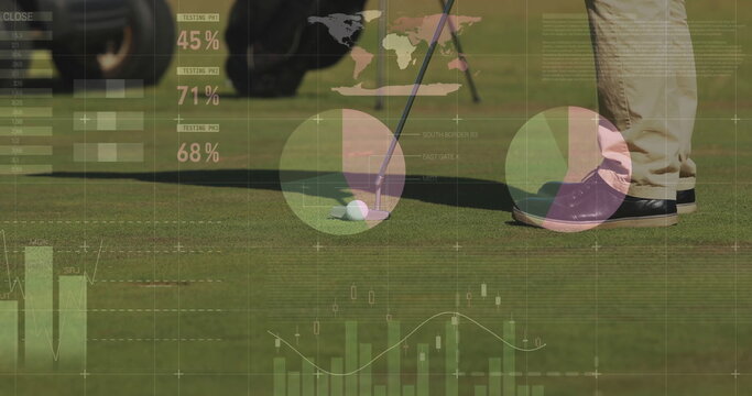 Male golfer aligning putter next to golf ball on putting green, displaying data graphics overlay - Powered by Adobe