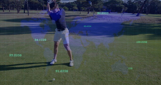 Swinging golf club by male golfer wearing polo and shorts on fairway, with holographic map, metrics - Powered by Adobe