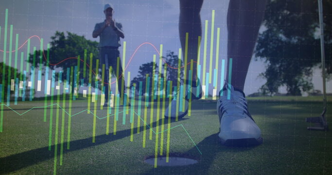 Positioning foot in white golf shoe by hole with ball on green, chart overlay, copy space