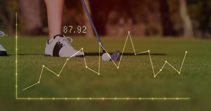 Golfer's lower legs aligning iron club on putting green, with ball, analytics overlay showing 87
