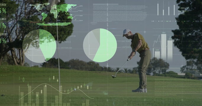 Putting golfer striking golf ball on golf course green, with putter, flagstick, charts copy space