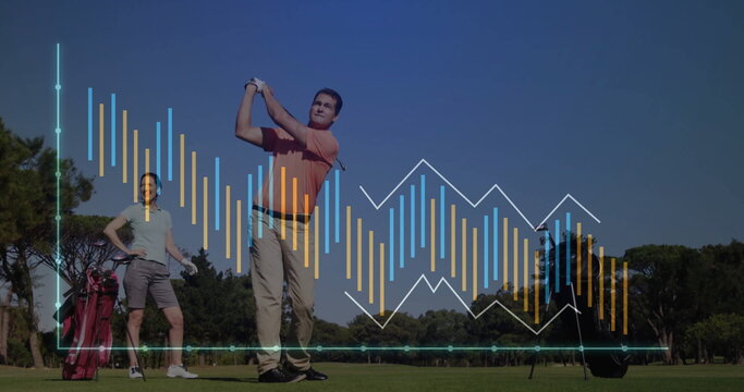 Swinging golfer in orange polo executing swing on fairway, with golf bag and analytics overlay