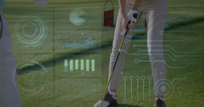 Student practicing putt with coach watching on golf green, with golf putter net digital graphics