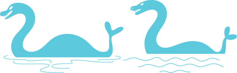 Two blue sea monsters with long necks and fins in water creature