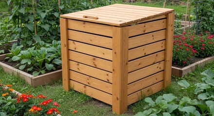 Wooden Composting Bin in a lush Garden Setting promotes Eco-Friendly Recycling