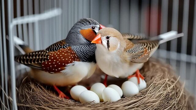 Zebra Finch Pair Sitting on White Eggs in Twig Nest in Cage |9 seconds 4K | Realistic AI Nesting Behavior Video of Brooding Kissing Finch Pinzon
