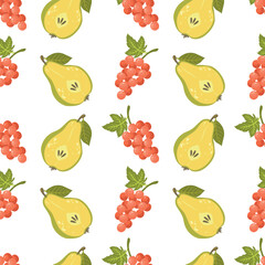 grapes, pear. Cute vector seamless pattern of fruits in flat style on white background