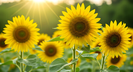 Obraz premium Sunflowers in Bloom: Vibrant Field of Yellow Flowers with Sunlight high quality