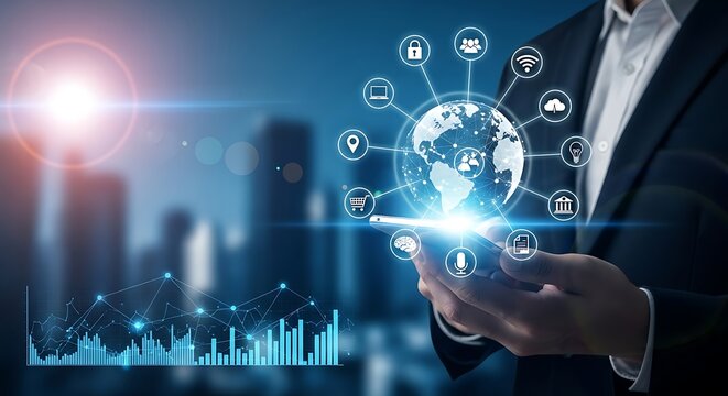 Man holding smartphone with global network and data visualization