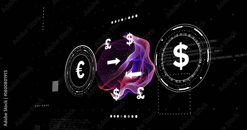 Poster pulsating mesh orb floating on digital finance interface, with orbiting currency symbols and arrows
