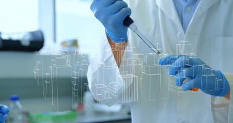 Using micropipette scientist in coat and gloves transferring sample at lab bench, with city overlay