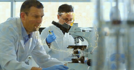 Scientists in lab coats examining slide under microscope at lab bench, with pipette data overlay