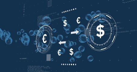 Displaying HUDs with arrows exchanging euro and dollar symbols on blue data plane, with bubbles