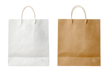 Two plain paper shopping bags, one white and one kraft brown