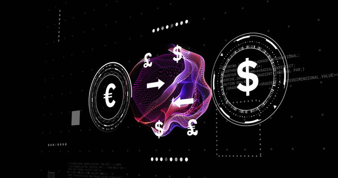 Pulsating mesh orb floating on digital finance interface, with orbiting currency symbols and arrows