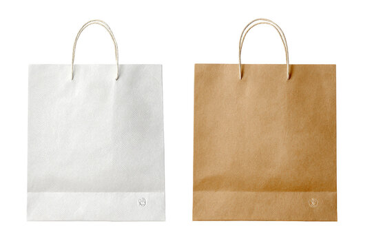 Two plain paper shopping bags, one white and one kraft brown