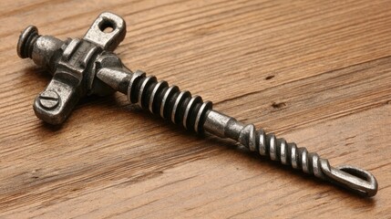 Ornate, metallic screw on a wooden surface.