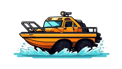 Fototapeta premium Cartoon Orange Amphibious Vehicle Driving Through Water Splashes